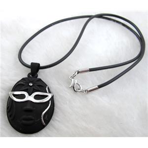 lacquered mask Necklace, alloy, rubber cord, black, 28x45mm, 16 inch length