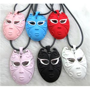 lacquered mask Necklace, mixed, alloy, rubber cord, 30x45mm, 16 inch length