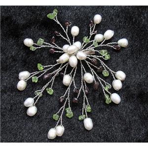 handmade brooch with freshwater pearl, lemon citrine, garnet beads, approx 72x85mm