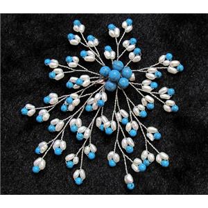 handmade brooch with freshwater pearl, turquoise beads, approx 83x104mm