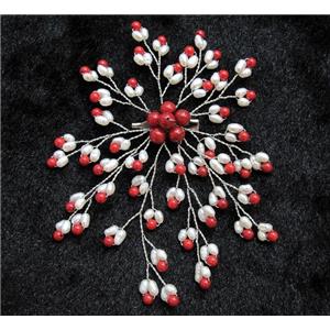 handmade brooch with freshwater pearl, red coral beads, approx 84x110mm