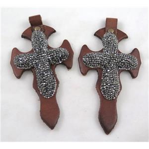 leather pendant paved rhinestone, cross, approx 45-90mm