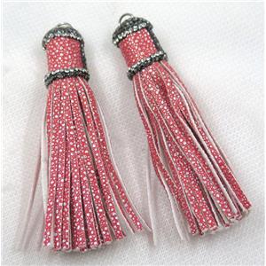pink PU leather tassel pave rhinestone, approx 16mm, 90mm length