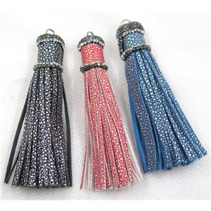PU leather tassel pave rhinestone, mix color, approx 16mm, 90mm length