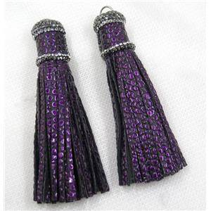 purple PU leather tassel pave rhinestone, approx 16mm, 90mm length
