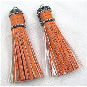 orange PU leather tassel pave rhinestone, approx 16mm, 90mm length