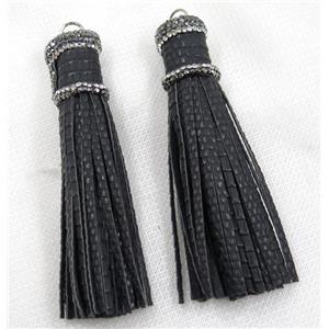 black PU leather tassel pave rhinestone, approx 16mm, 90mm length