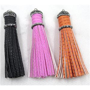 PU leather tassel pave rhinestone, mix color, approx 16mm, 90mm length