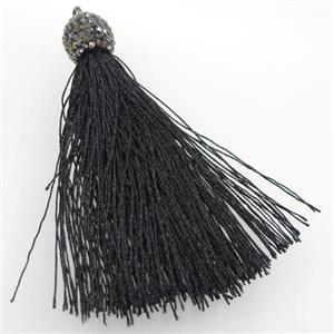 black nylon cord tassel pave rhinestone, approx 12mm, 80mm length