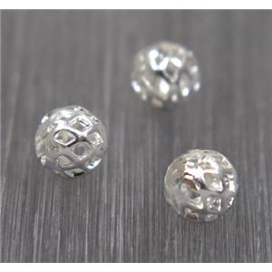 Brass round hollow ball bead, silver plated, approx 6mm dia