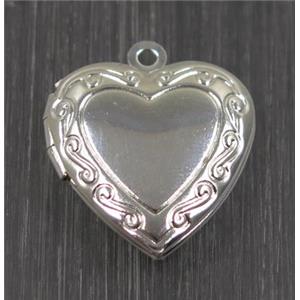 Brass heart Locket pendant, photo frame box, silver plated, approx 20mm dia