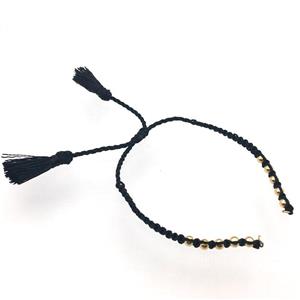 black nylon wire bracelet chain with tassel, gold plated beads, approx 5mm, 15cm length