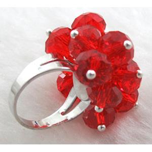handcraft Crystal glass ring, red, ring:18mm dia, glass bead:8mm