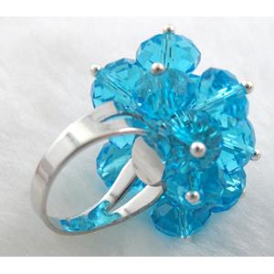 handcraft Crystal glass ring, aqua, ring:18mm dia, glass bead:8mm
