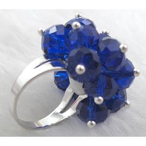 handcraft Crystal glass ring, blue, ring:18mm dia, glass bead:8mm