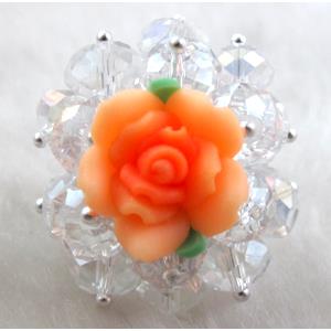 fimo clay ring with crystal glass, orange, 30x35mm,ring:20mm, flower:16mm