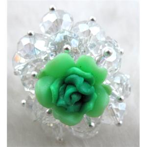 fimo clay ring with crystal glass, green, 30x35mm,ring:20mm, flower:16mm