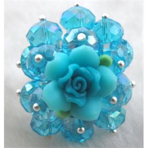 fimo clay ring with crystal glass, blue, 30x35mm,ring:20mm, flower:16mm