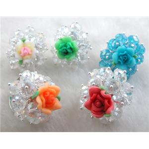 fimo clay ring with crystal glass, mixed color, 30x35mm,ring:20mm, flower:16mm