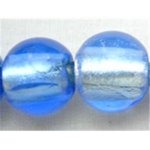 Lampwork Glass Beads with silver foil, round, blue, 12mm dia, 33pcs per st