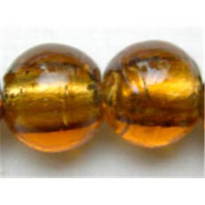 Lampwork Glass Beads with silver foil, round, gold-coffee, 14mm dia, 28pcs per st