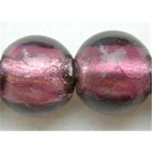 Lampwork Glass Beads with silver foil, round, purple, 12mm dia, 33pcs per st