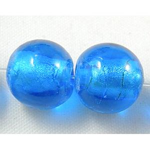 Lampwork Glass Beads with silver foil, round, blue, 14mm dia, 28pcs per st