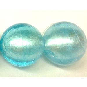 Sterling Silver Foil Round glass bead, blue, 18mm dia, 22pcs per st