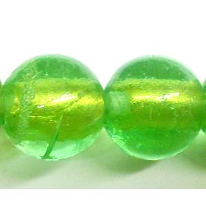 24K Gold Foil Round glass bead, green, 12mm dia, 33pcs per st