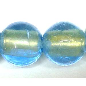 24K Gold Foil Round glass bead, blue, 14mm dia, 28pcs per st