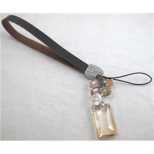 cellphone strap, String hanger PU leather, Crystal Pendant, 14cm(5.5 inch ) length, glass bead:8mm