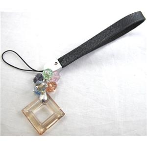 Mobile phone rope, String hanger PU leather, Crystal Pendant, 14cm(5.5 inch ) length, glass bead:8mm