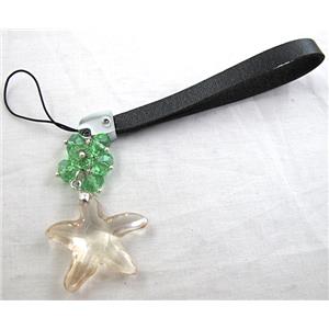 mobile phone strap, String hanger PU leather, Crystal Pendant, 14cm(5.5 inch ) length, glass bead:8mm