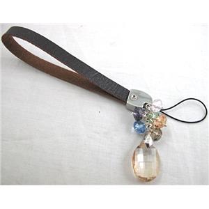 Mobile phone rope, String hanger PU leather, Crystal Teardrop, 14cm(5.5 inch ) length, glass bead:8mm
