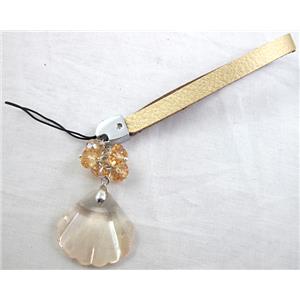 Mobile phone rope, String hanger PU leather, Crystal Pendant, Fan, 14cm(5.5 inch ) length, glass bead:8mm