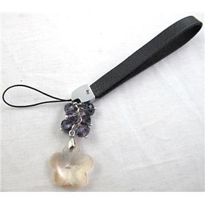 cellphone strap, PU leather, Crystal Flower Pendant, 14cm(5.5 inch ) length, glass bead:8mm