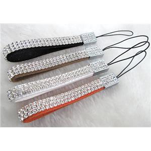 Mobile phone rope, String hanger, suede with 3 row rhinestone, mix, 11mm wide, 17cm length, 3rows rhinestone