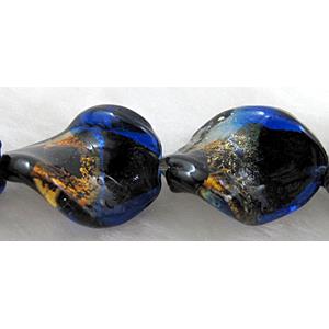 dichromatic lampwork glass beads with gold foil, twist, blue, 16x20mm, 20pcs per st