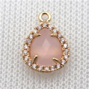 copper teardrop pendant pave zircon with pink crystal glass, gold plated, approx 10-12mm