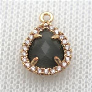copper teardrop pendant pave zircon with grey crystal glass, gold plated, approx 10-12mm