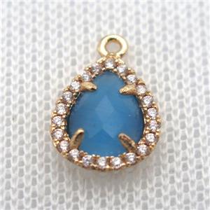 copper teardrop pendant pave zircon with blue crystal glass, gold plated, approx 10-12mm