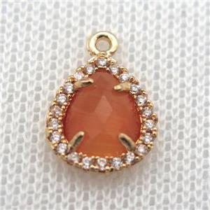 copper teardrop pendant pave zircon with orange crystal glass, gold plated, approx 10-12mm