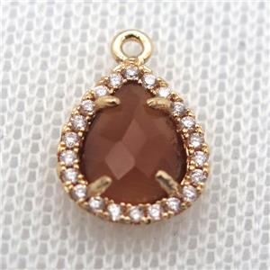 copper teardrop pendant pave zircon with amber crystal glass, gold plated, approx 10-12mm