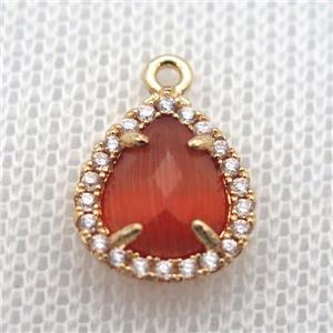 copper teardrop pendant pave zircon with red crystal glass, gold plated, approx 10-12mm