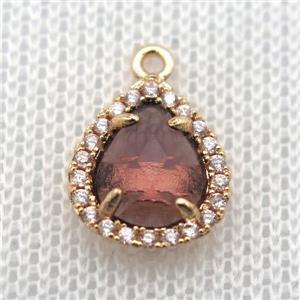 copper teardrop pendant pave zircon with crystal glass, gold plated, approx 10-12mm