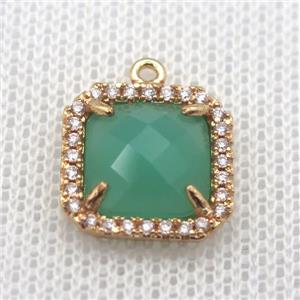 copper square pendant pave zircon with green crystal glass, gold plated, approx 14x14mm