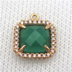 copper square pendant pave zircon with green crystal glass, gold plated, approx 14x14mm