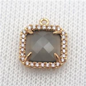 copper square pendant pave zircon with gray crystal glass, gold plated, approx 14x14mm