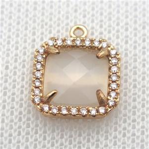 copper square pendant pave zircon with white crystal glass, gold plated, approx 14x14mm