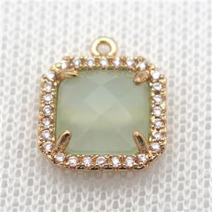 copper square pendant pave zircon with lt.green crystal glass, gold plated, approx 14x14mm